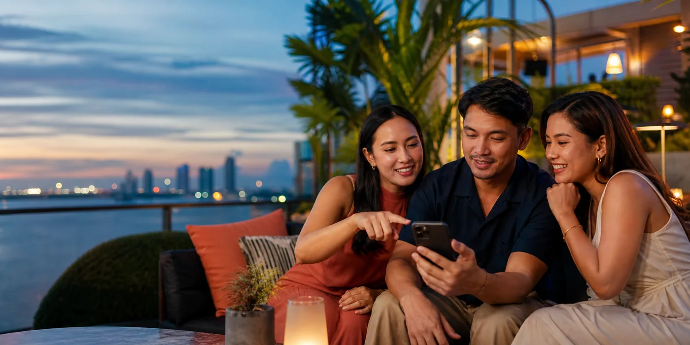Illustration of three adult Filipino friends viewing a mobile phone beside Manila Bay