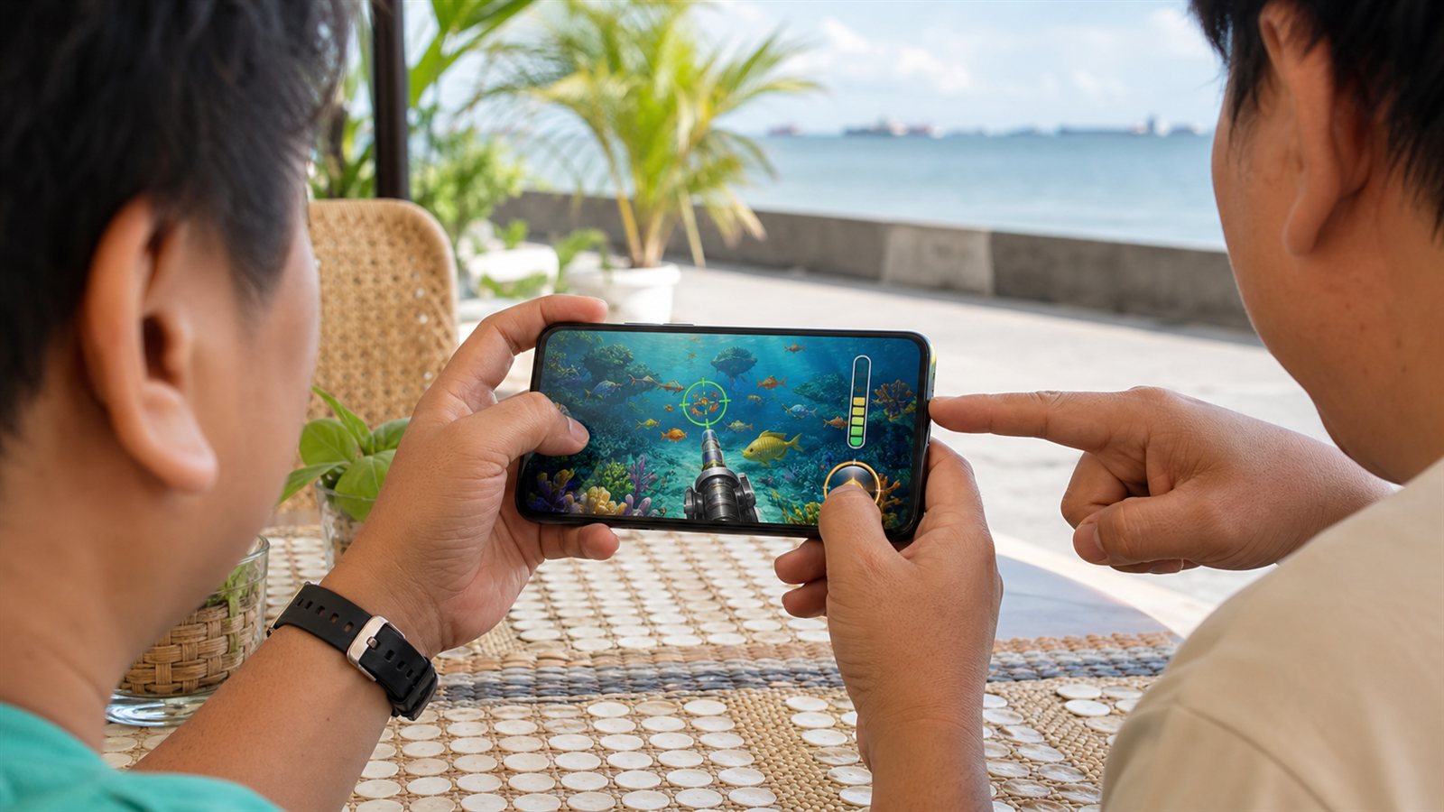 Mobile fishing game screen shown on a phone